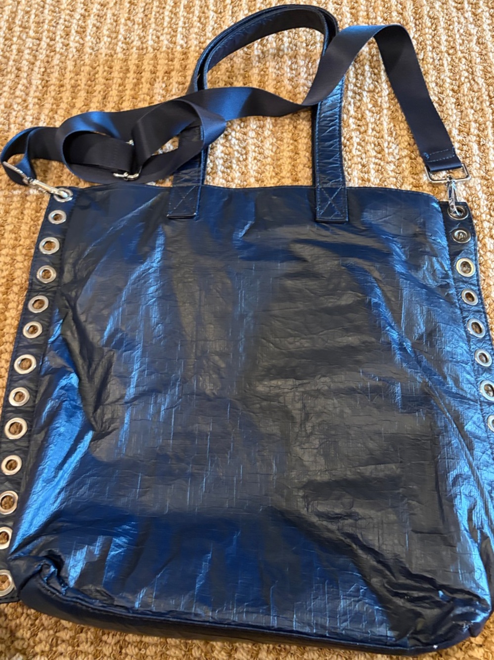 Grommet-Trim Black Tote with Adjustable Strap